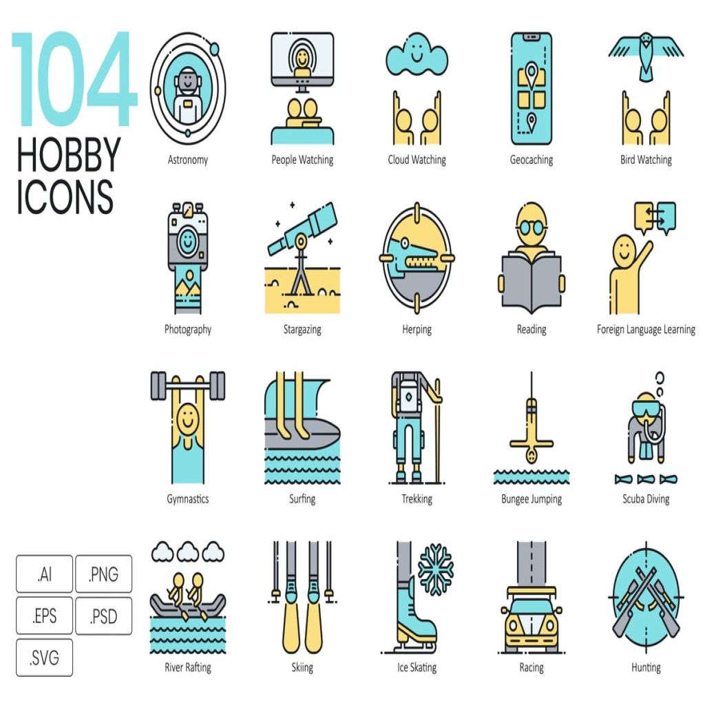 104枚兴趣爱好矢量图标合集 104 interest & hobby icons | aqua