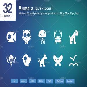 32个可爱单色动物轮廓图标 32 Animals Glyph Icons