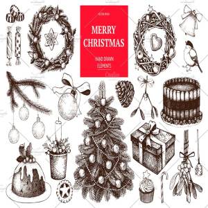 墨水手绘复古矢量圣诞插图 Vintage Christmas Illustrations
