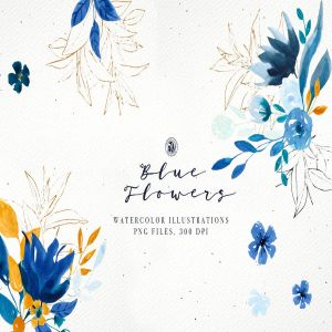 浪漫蓝色花卉水彩矢量插画套装 Blue Flowers