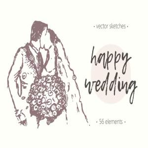 简笔画甜蜜婚礼素描插图 Big set of wedding illustrations