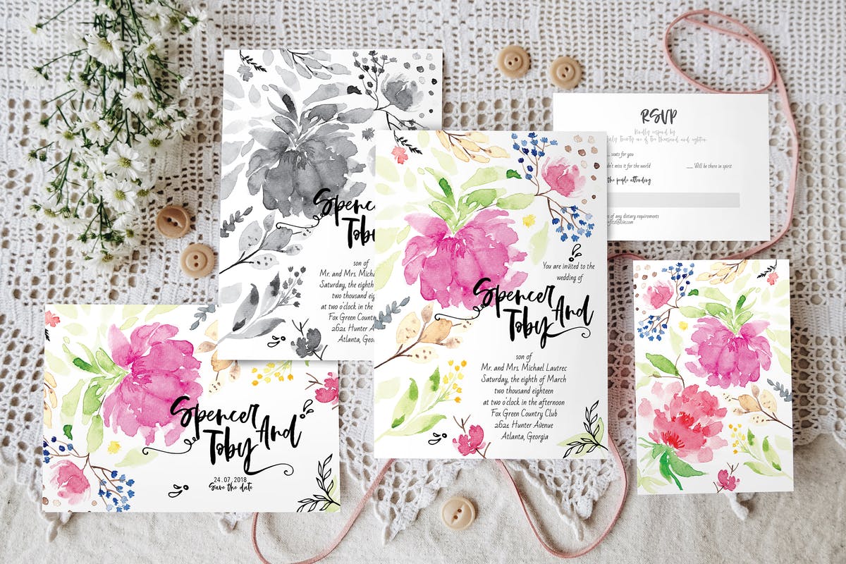 手绘花卉图案婚礼邀请函设计模板 Handpainted Wedding Invitation Suite