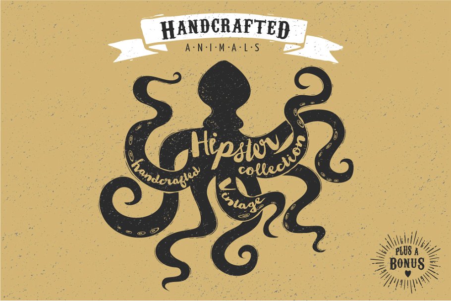 复古设计风格手绘动画插画素材 Vintage hand drawn animals set