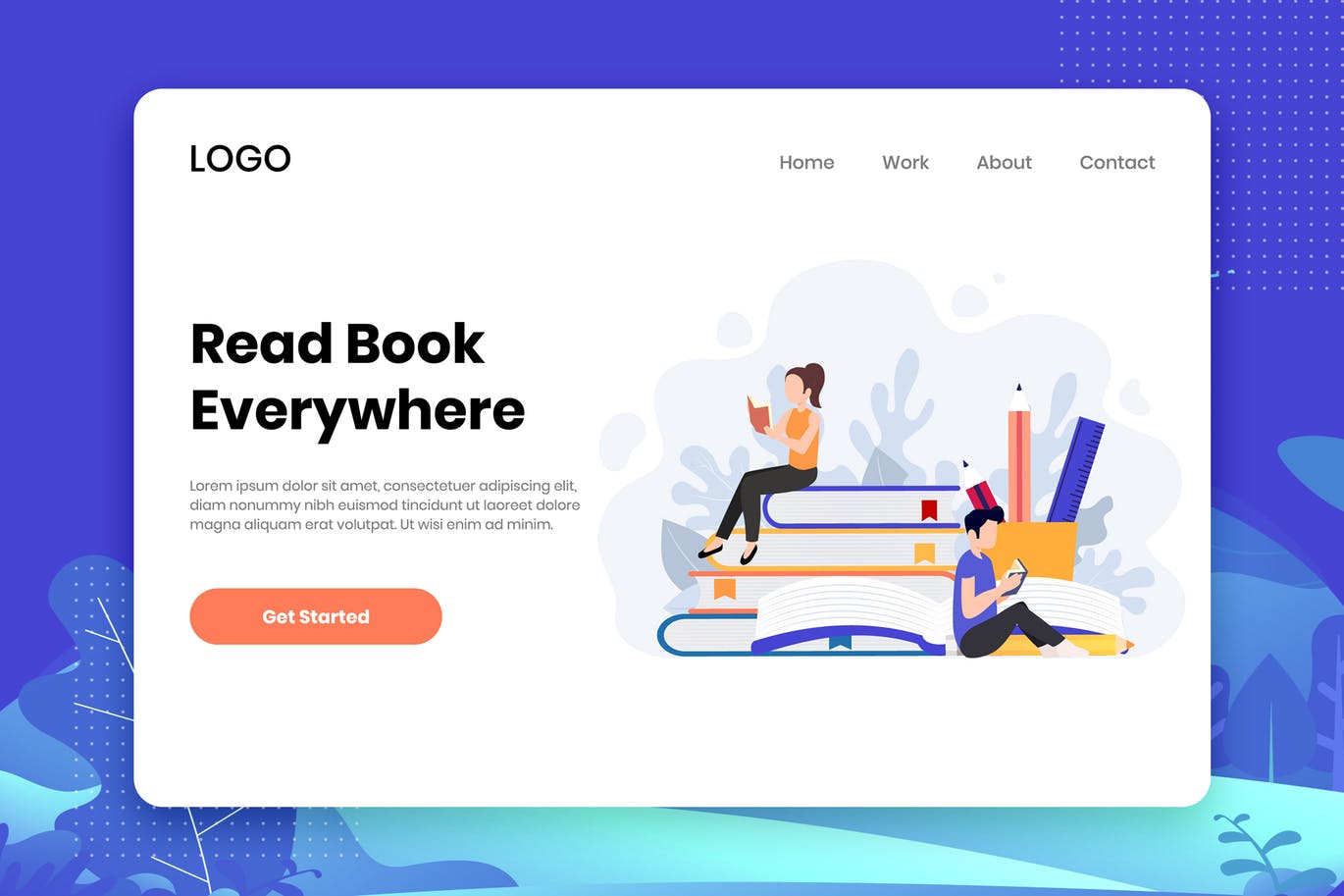 阅读主题场景插画网站着陆页设计模板 Read book everywhere landing page template