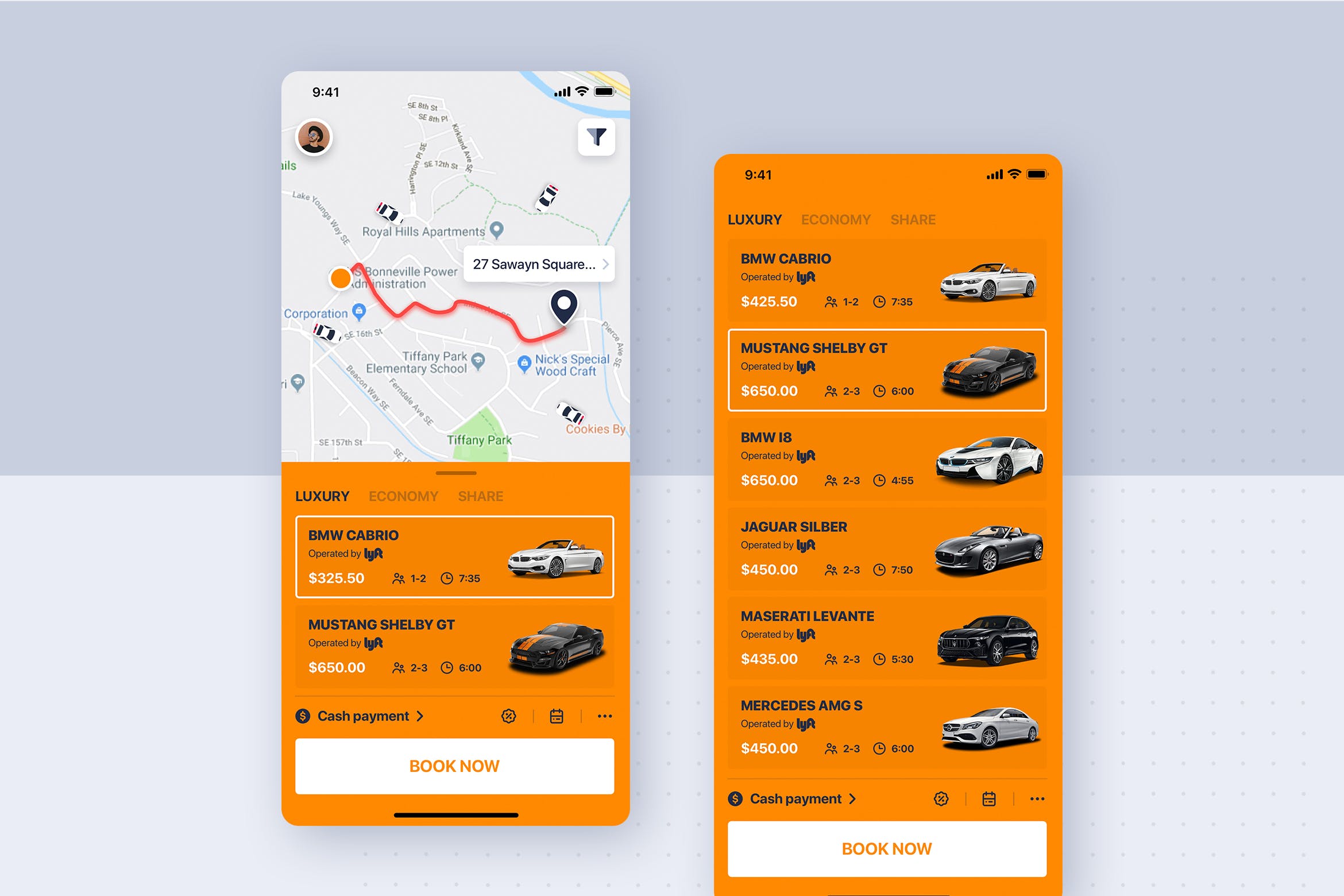 类滴滴打车APP应用预约车列表界面设计模板 Car rental mobile UI Kit – Listing of Car type