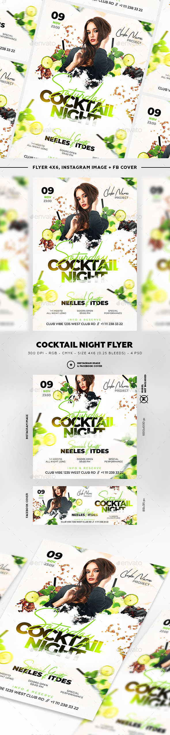 时尚鸡尾酒晚宴宣传海报模板 Cocktail Night Flyer [psd]