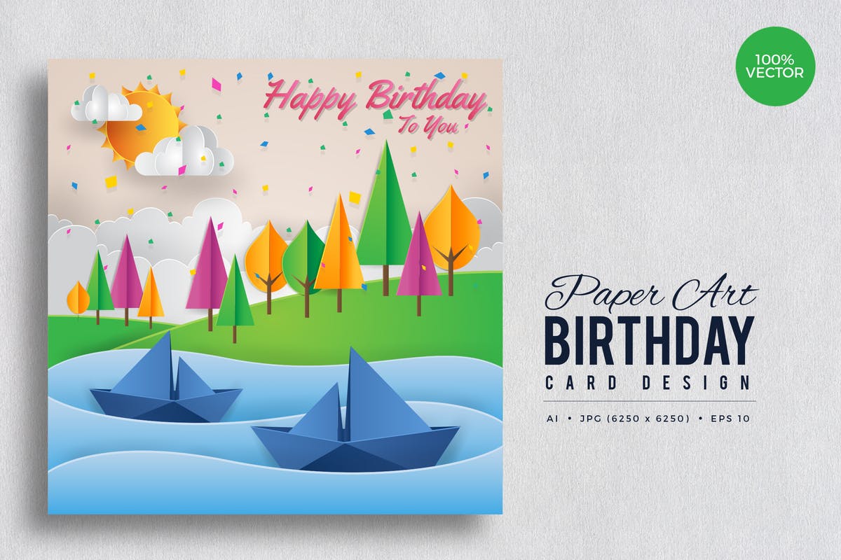 风景剪纸艺术创作生日贺卡矢量模板v1 Paper Art Happy Birthday Vector Card Vol.1