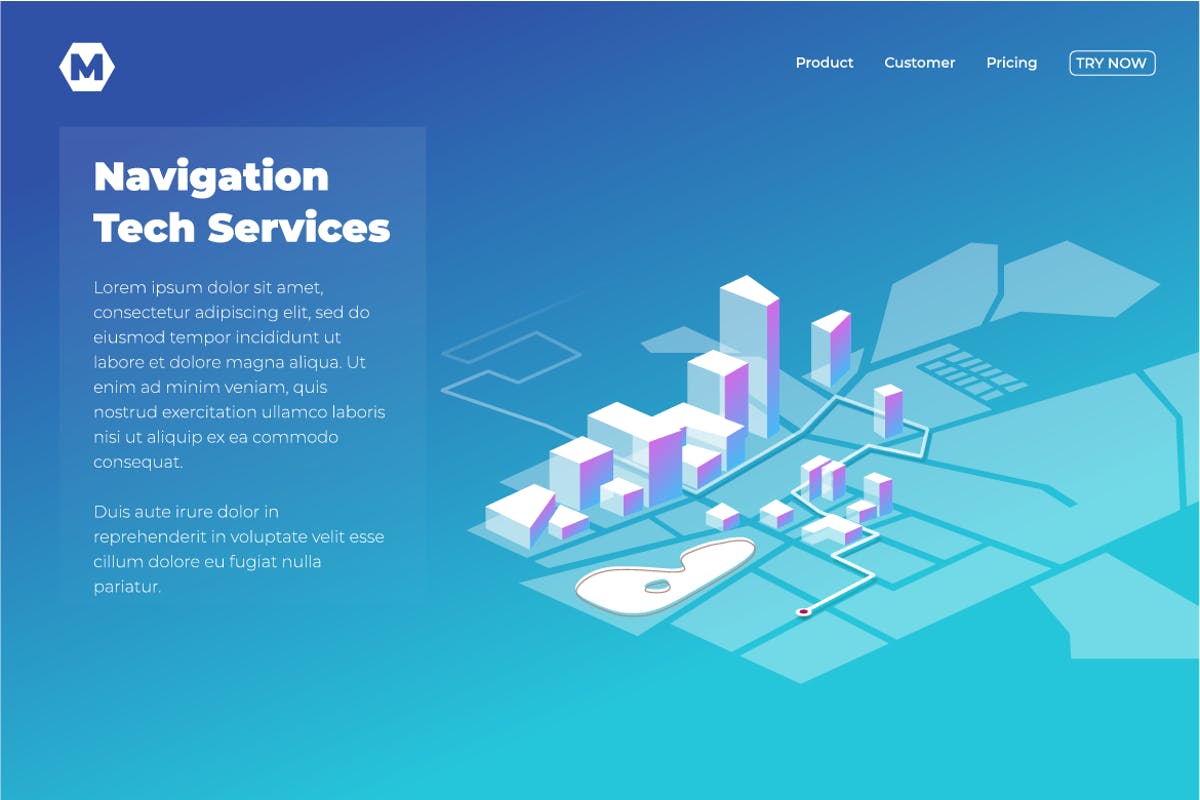 GPS导航应用产品着陆页模板 GPS online map navigation. Landing page desain in