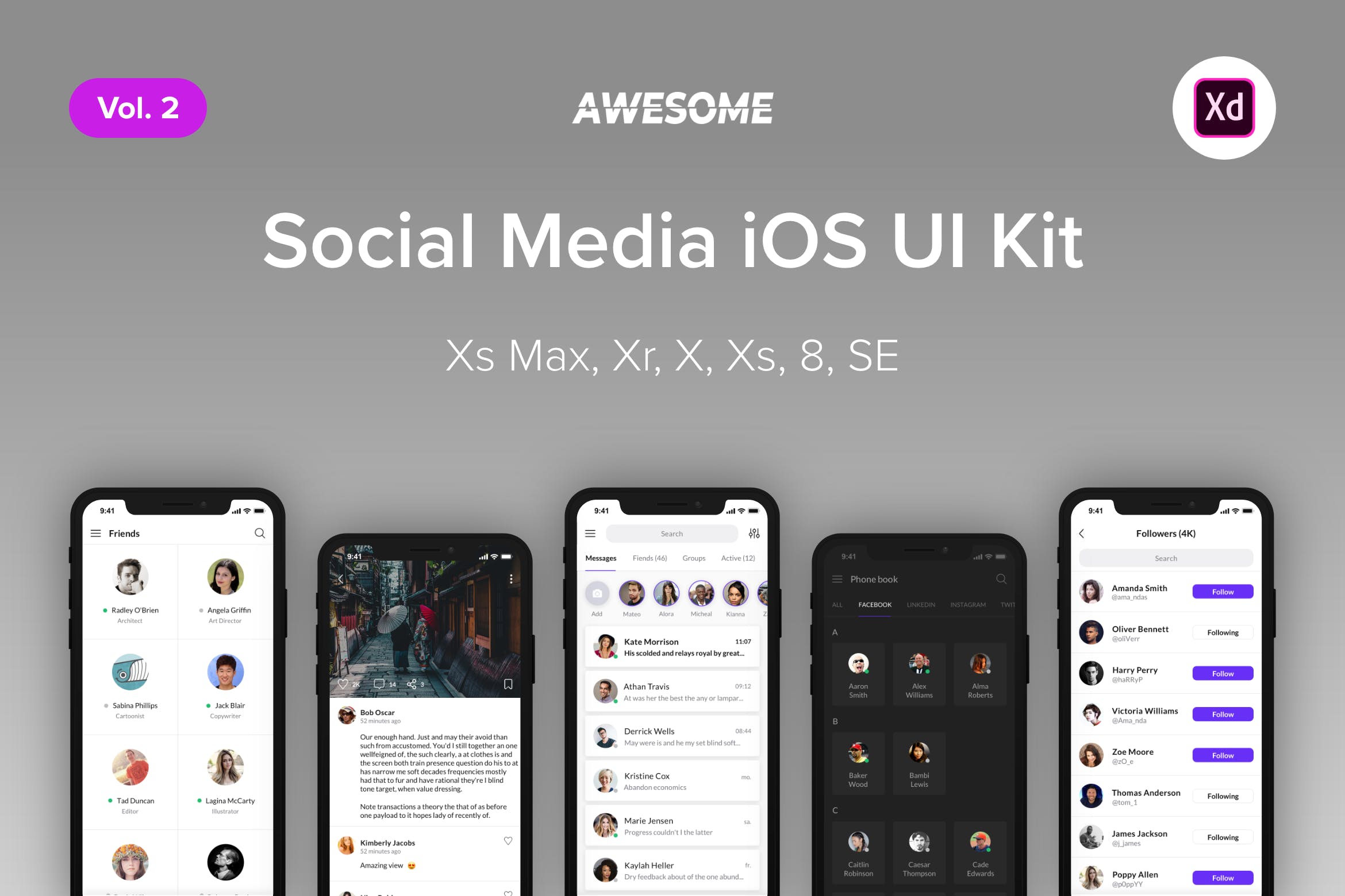 iOS手机多媒体类APP应用UI界面设计XD模板v2 Awesome iOS UI Kit -Social Media Vol. 2 (Adobe XD)