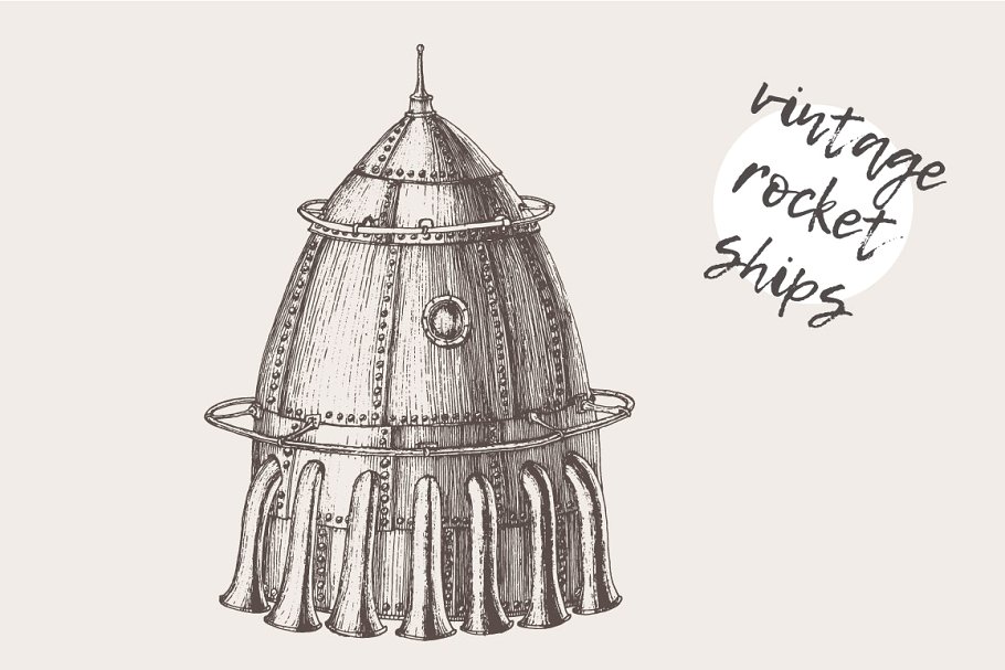 蒸汽朋克火箭船素描图形素材 Set of steam punk rocket ships