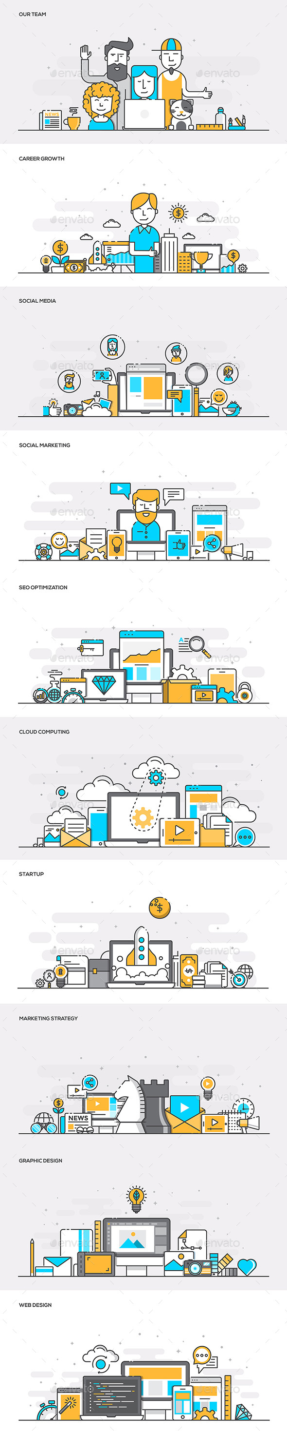 扁平彩色条幅 Banner 素材 Set of Flat Line Color Banners（二）