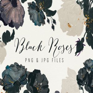 高雅黑色玫瑰手绘水彩剪贴画 Black Roses