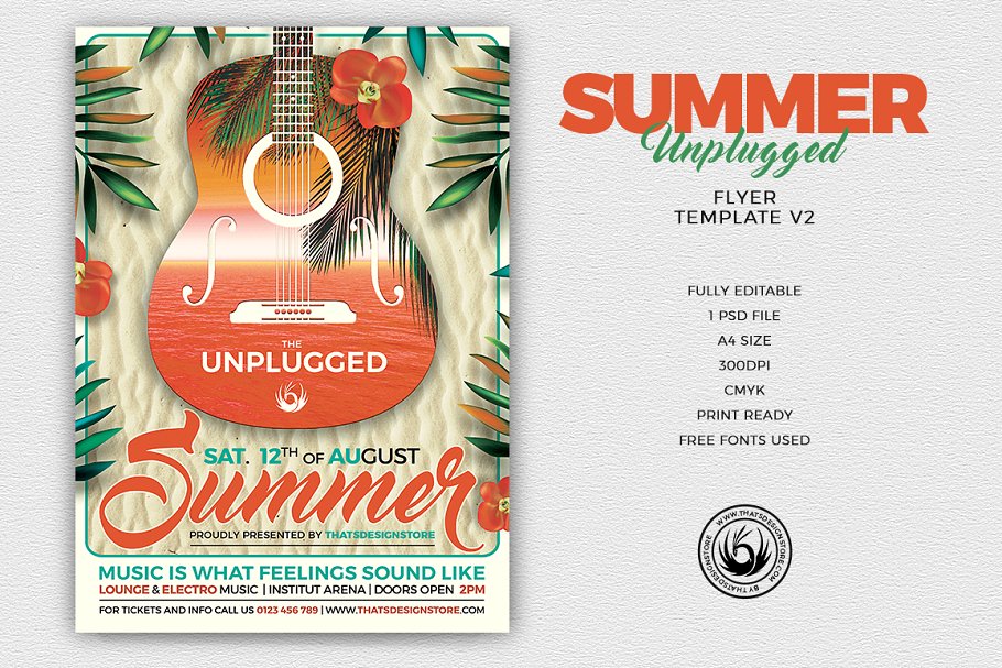 夏季电吉他独奏音乐表演宣传PSD模板V2 Summer Unplugged Flyer PSD V2