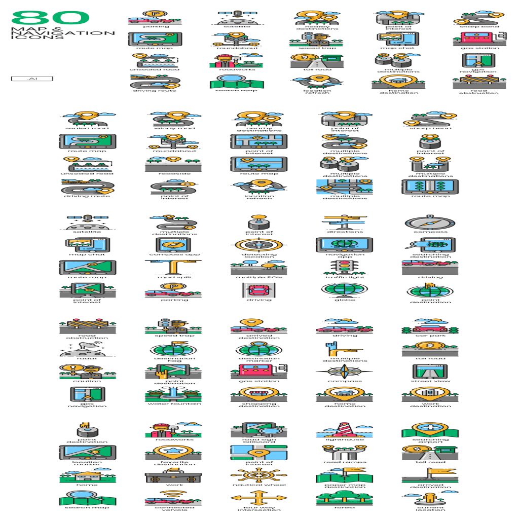有趣且绘制精良的地图导航相关功能图标套装下载[Ai]