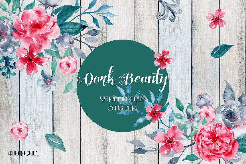 暗色水彩花卉艺术剪贴画素材 Watercolor Clipart Dark Beauty