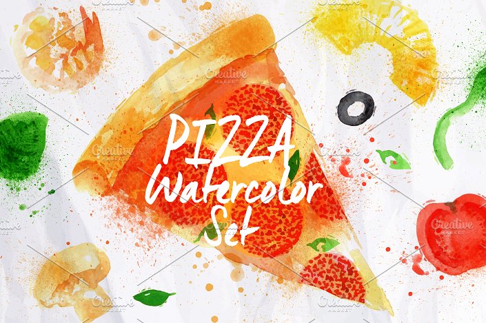 手工绘制的水彩污渍披萨插图合集 Pizza watercolor set