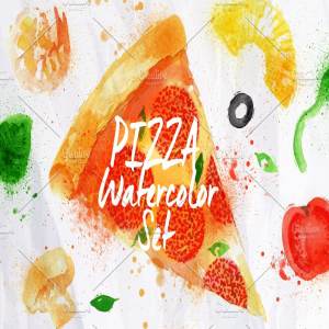 手工绘制的水彩污渍披萨插图合集 Pizza watercolor set
