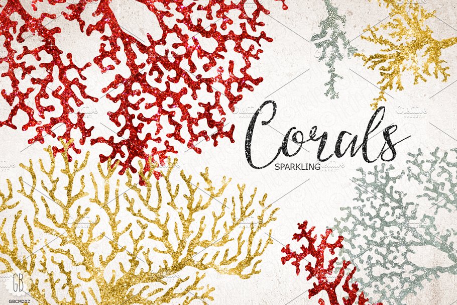 深海类波光粼粼海洋珊瑚生物插画 Sparkling corals, sea life clip art