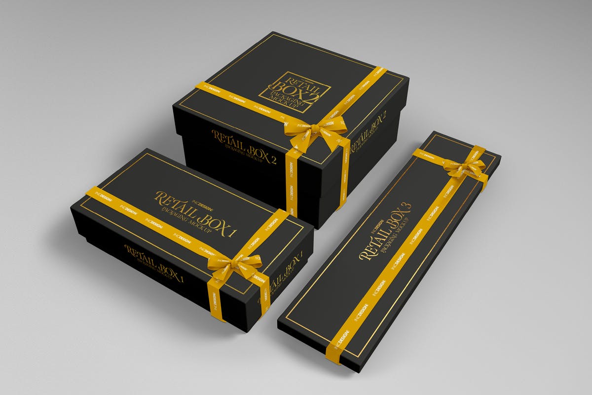 豪华金身丝带礼品盒包装样机Vol.2 Retail Boxes Vol.2: Bag & Box Packaging Mockups