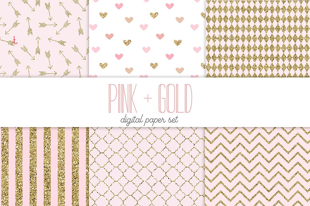 粉色/金色礼品包装纸图案素材 Pink and gold digital paper