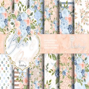 蓝色桃色水彩手绘图案数码纸张设计素材 Watercolor Blue Peach digital paper pack
