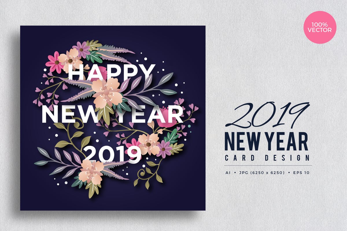 2019年新年贺卡手绘花卉插画设计模板v5 Happy New Year 2019 Floral Vector Card Vol.5