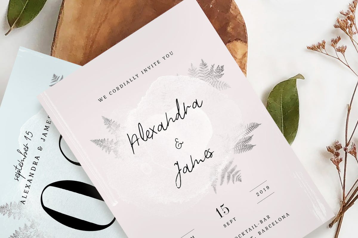 水彩小树枝婚礼邀请函设计模板 Watercolor Sprigs Wedding Invitation Suite