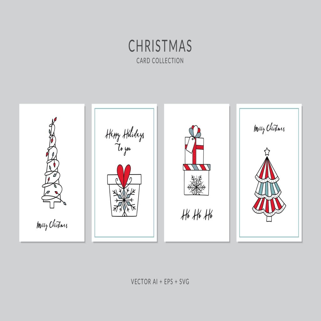 创意圣诞树手绘图案圣诞节贺卡矢量设计模板集v3 Christmas Greeting Card Vector Set插图