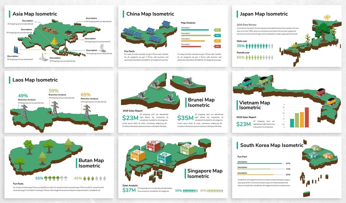 亚洲地区国家地图PPT幻灯片设计素材 Asia Maps Isometric & Legends For Powerpoint