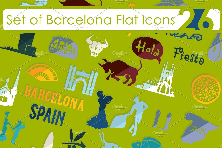 巴塞罗那国家城市主题图标 Set of Barcelona icons