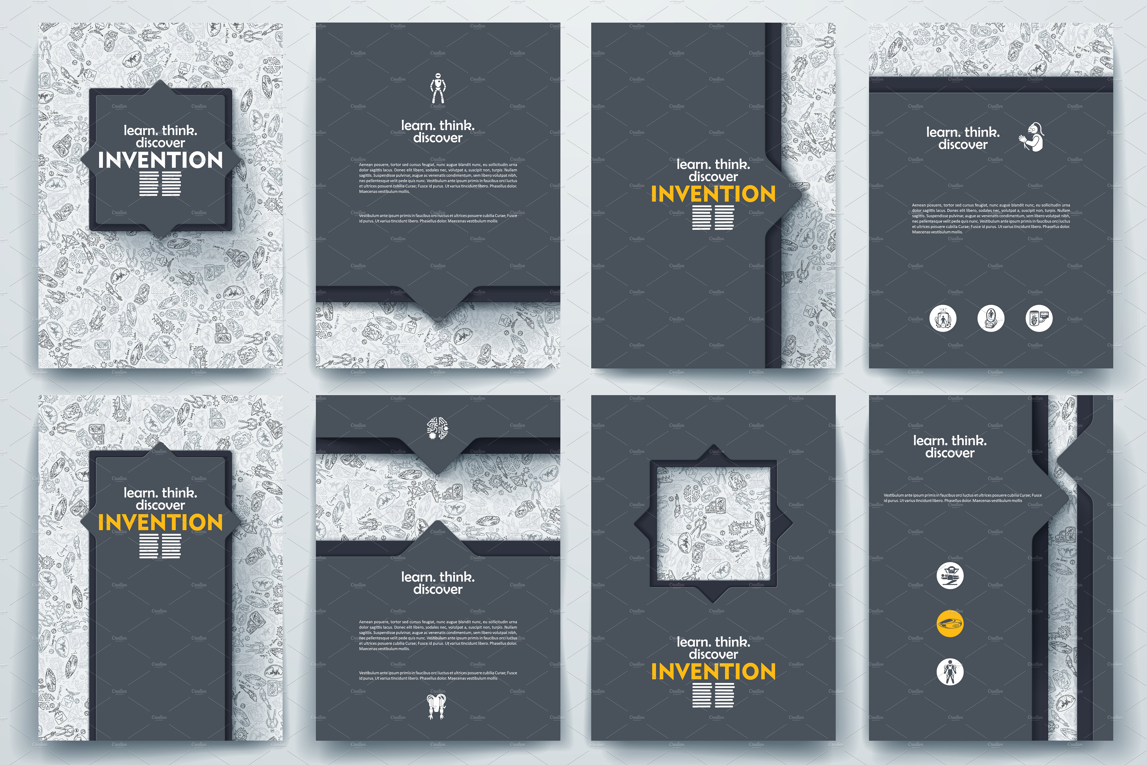 涂鸦背景发明主题小册子模板 Invention doodle brochures.