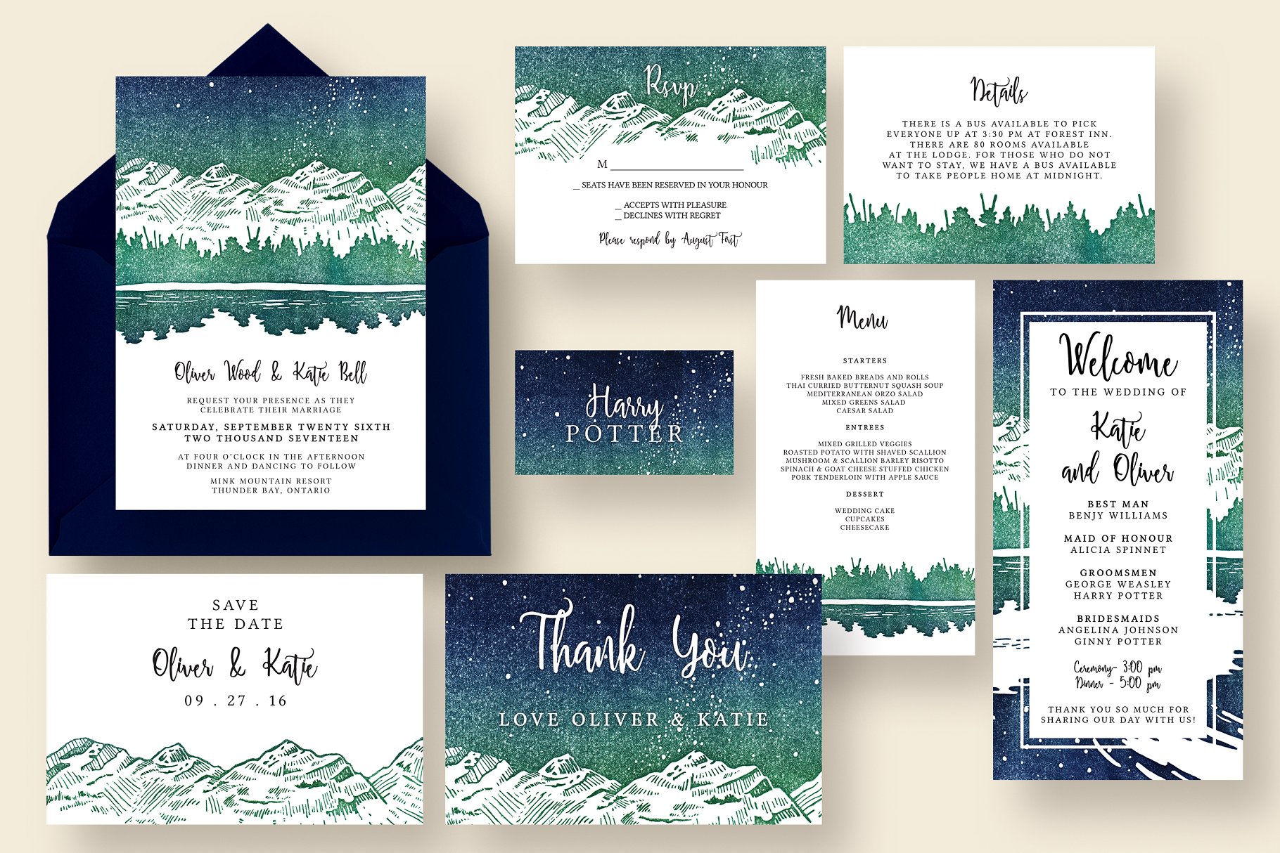 星光熠熠雪山冬景婚礼邀请函设计模板 Starry Reflection Wedding Suite