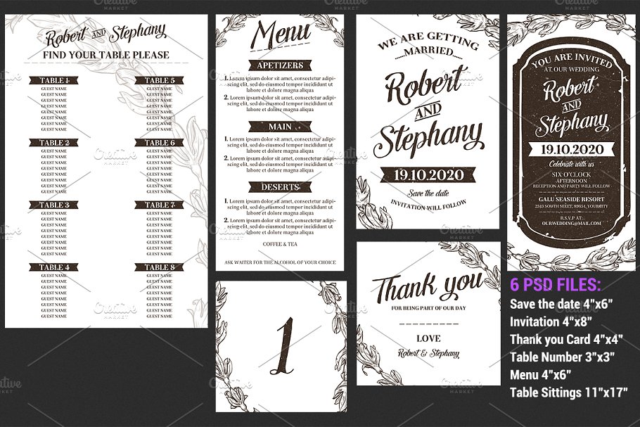 复古婚礼邀请函设计模板套装 Vintage Wedding Invitation Set