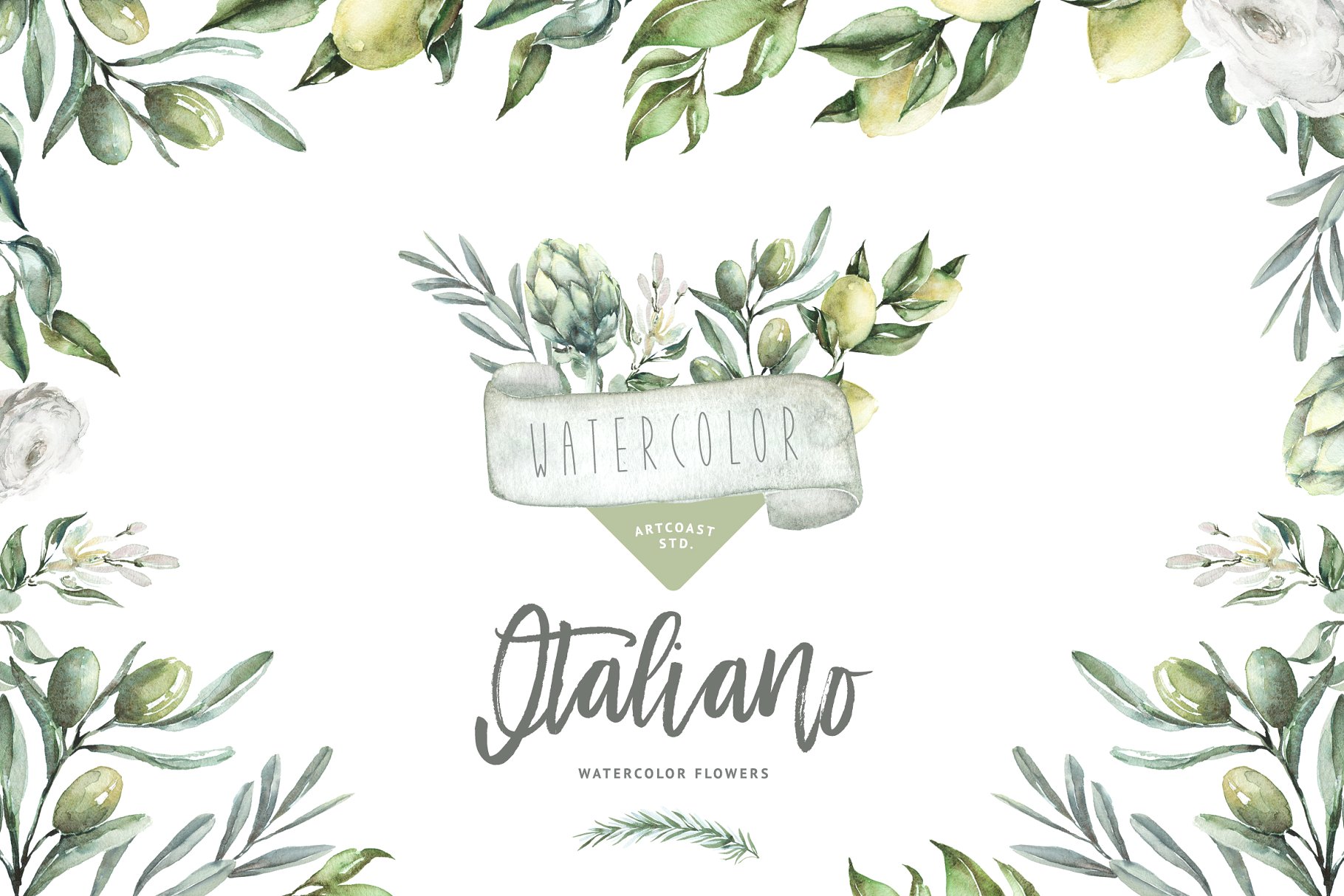 意大利花园花卉水彩剪贴画 Watercolor Italian Garden