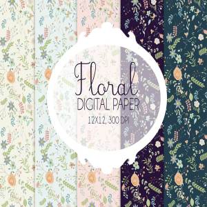 手绘花卉元素图案数码纸张素材 Floral digital paper
