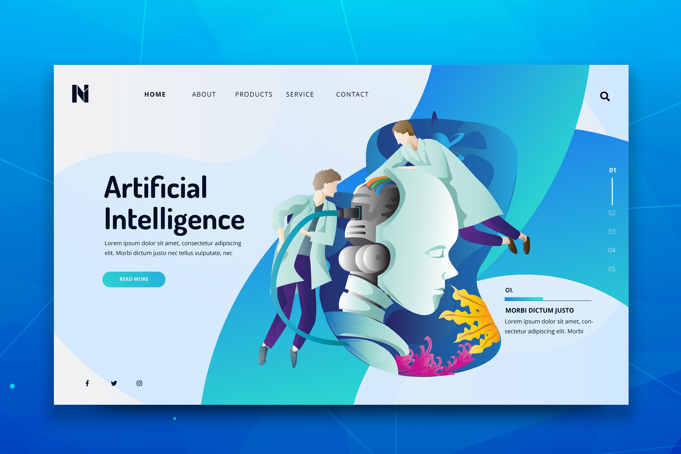 AI人工智能概念插画网站着陆页设计模板 Artificial Intelligence Web  PSD and AI Template