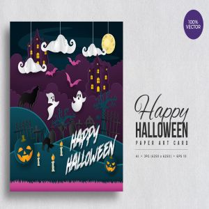 万圣节庆祝主题剪纸艺术矢量插画素材v4 Happy Halloween Paper Art Vector Card Vol.4