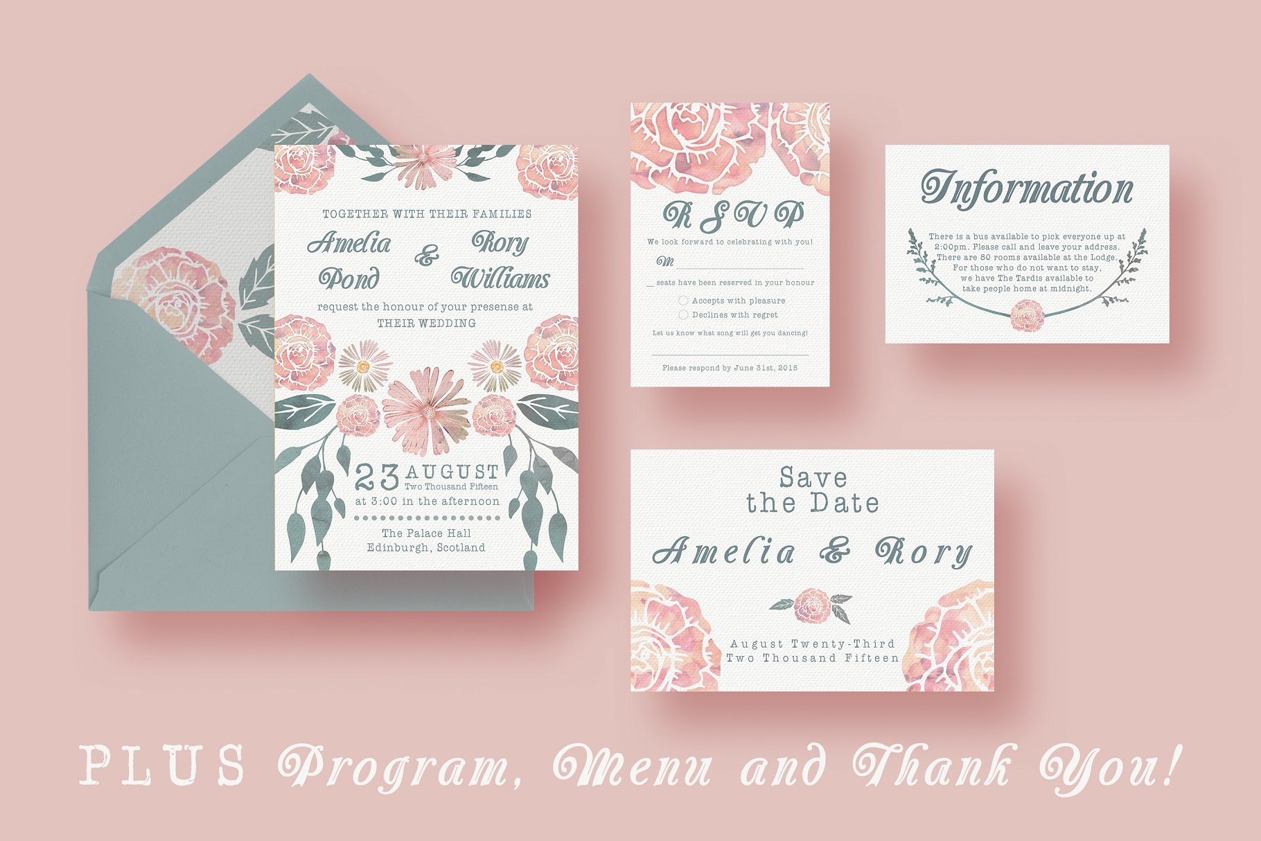 水彩植物花卉装饰结婚邀请函设计模板 Watercolour Wedding Suite