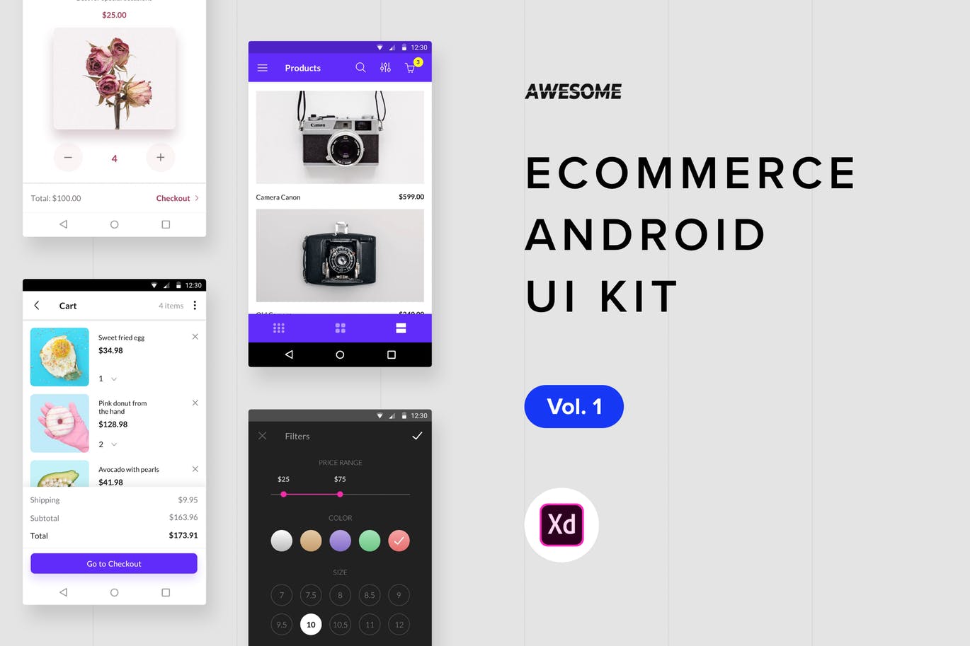 安卓手机电商平台APP应用UI设计v1[XD] Android UI Kit – Ecommerce Vol. 1 (Adobe XD)