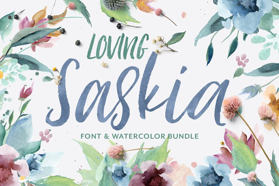 手写英文字体&手绘水彩花卉剪贴画 Loving Saskia Font & Graphics Bundle