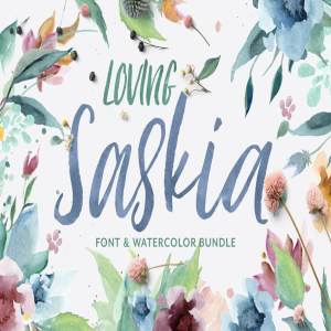 手写英文字体&手绘水彩花卉剪贴画 Loving Saskia Font & Graphics Bundle