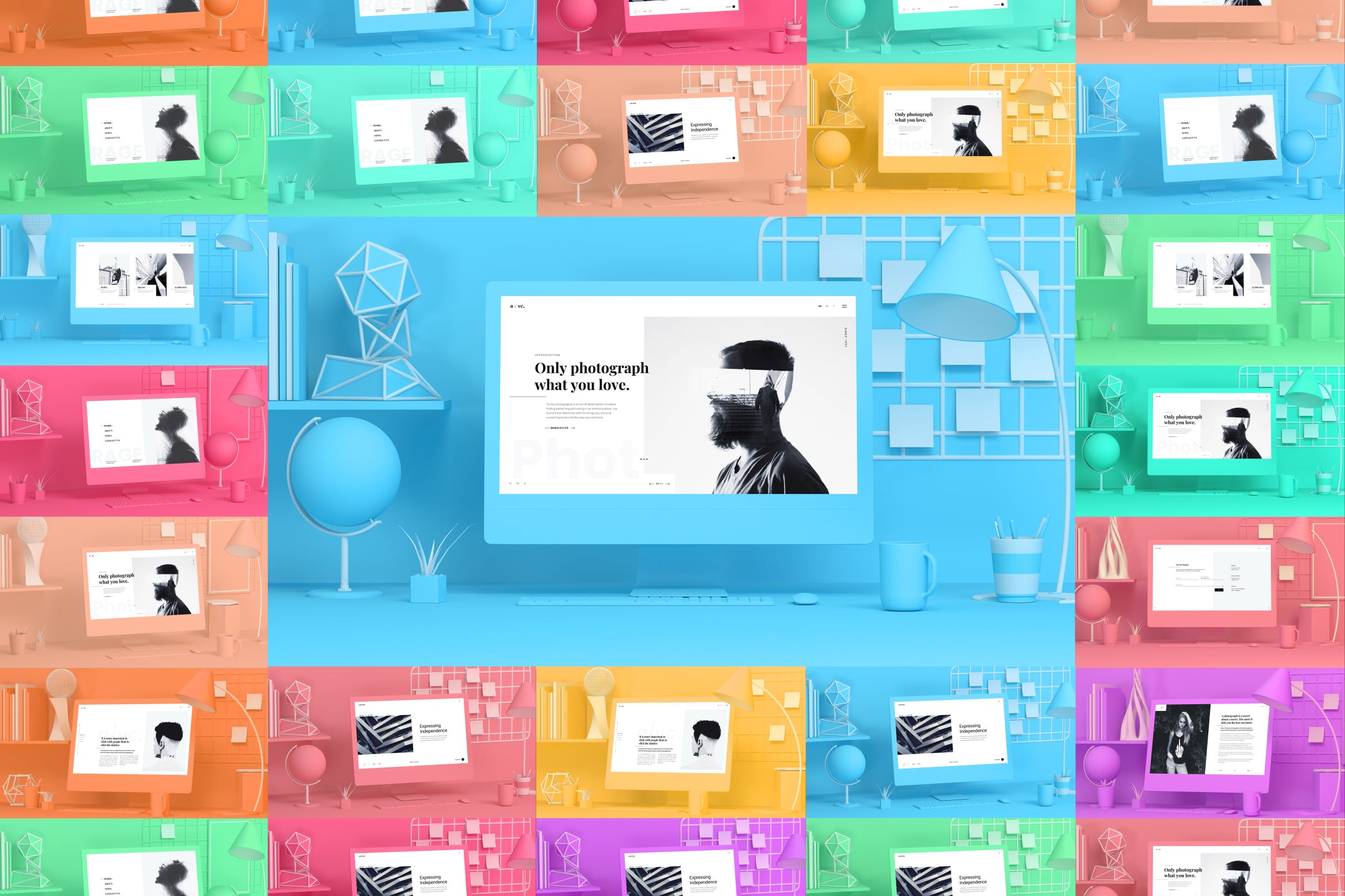 10种配色iMac一体机电脑样机模板 Colorful iMac Mockup