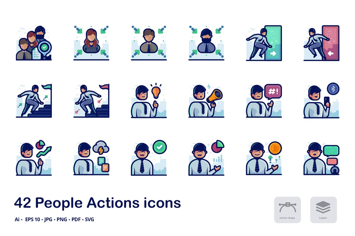 用户行为概念矢量图标合集 People actions detailed filled outline icons