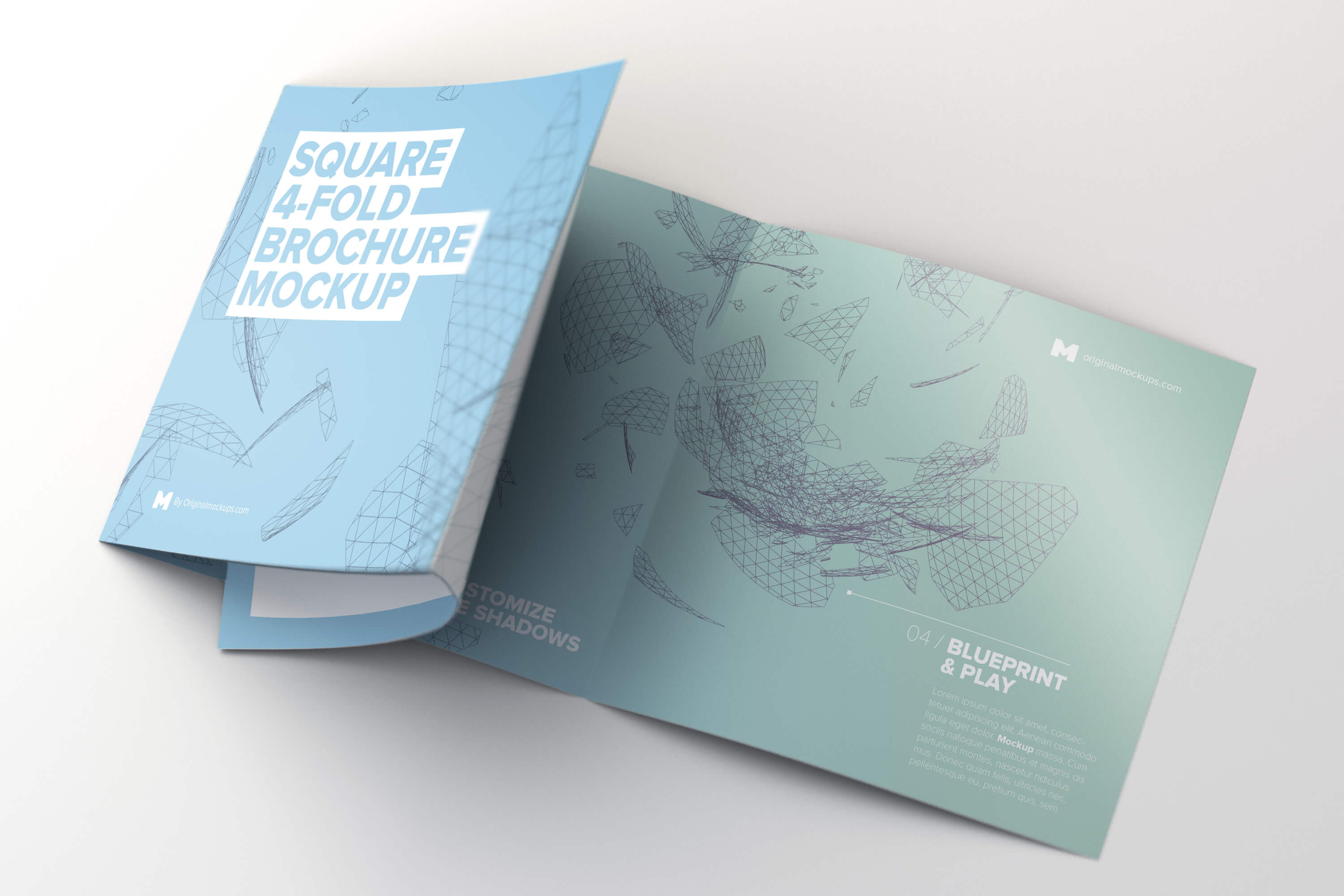 展开方形四折页小册子/传单设计展开效果样机 Unfolding Square 4-Fold Brochure Mockup
