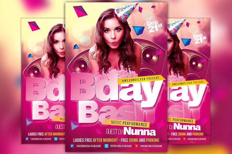生日派对海报设计模板素材 Bday Bash Flyer Template
