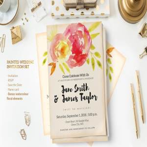 手绘水彩花卉装饰婚礼邀请函设计套装 Painted Wedding Invitation Set