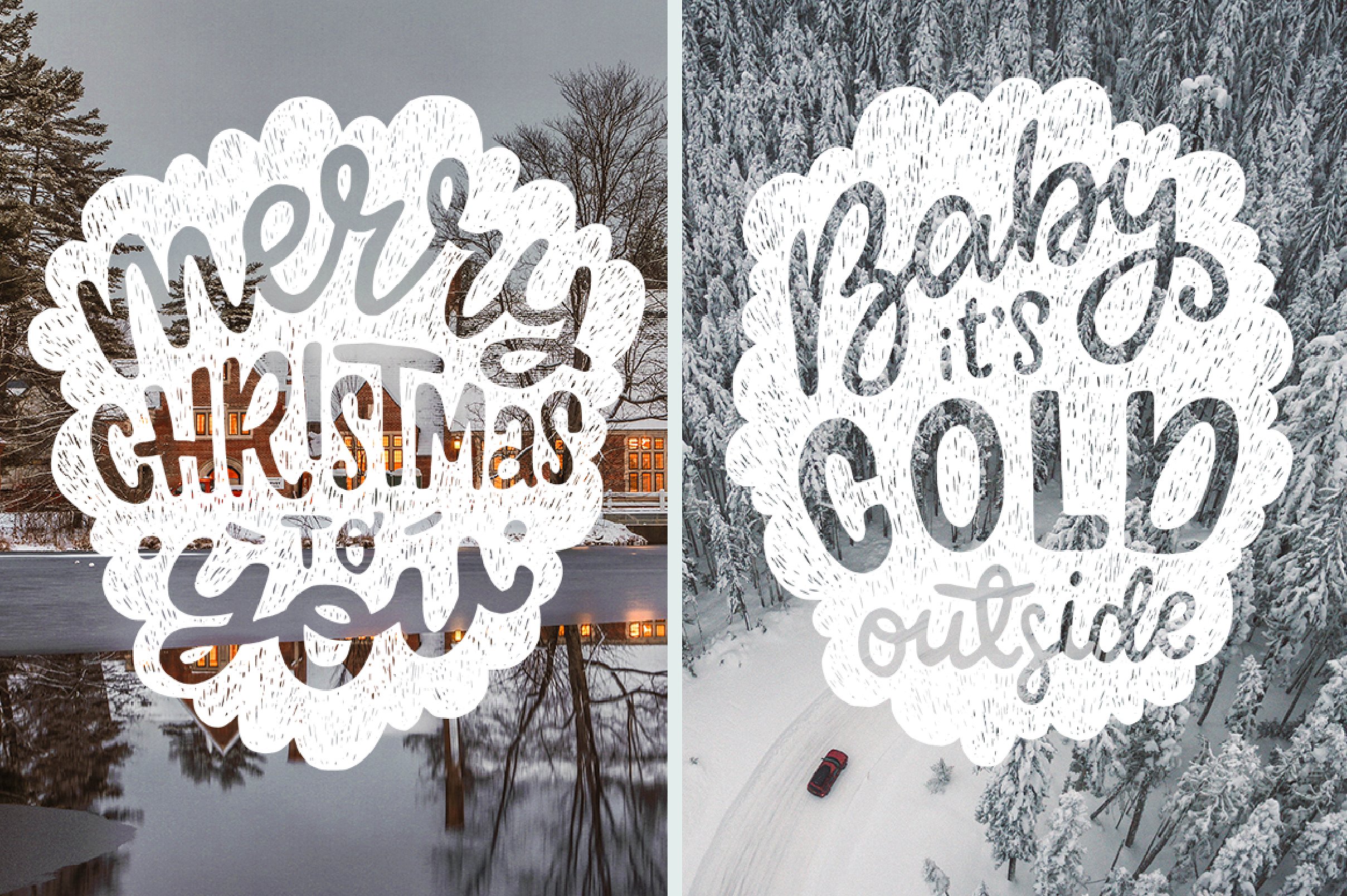 50个不同的手绘矢量剪贴画元素圣诞森林集合