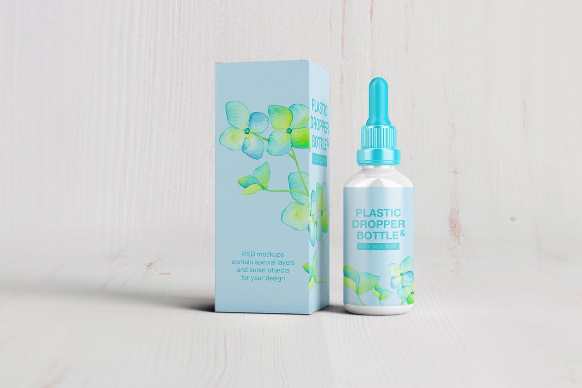 化妆品塑料滴管瓶/纸盒样机 Plastic Dropper Bottle/ Paper Box Mockup