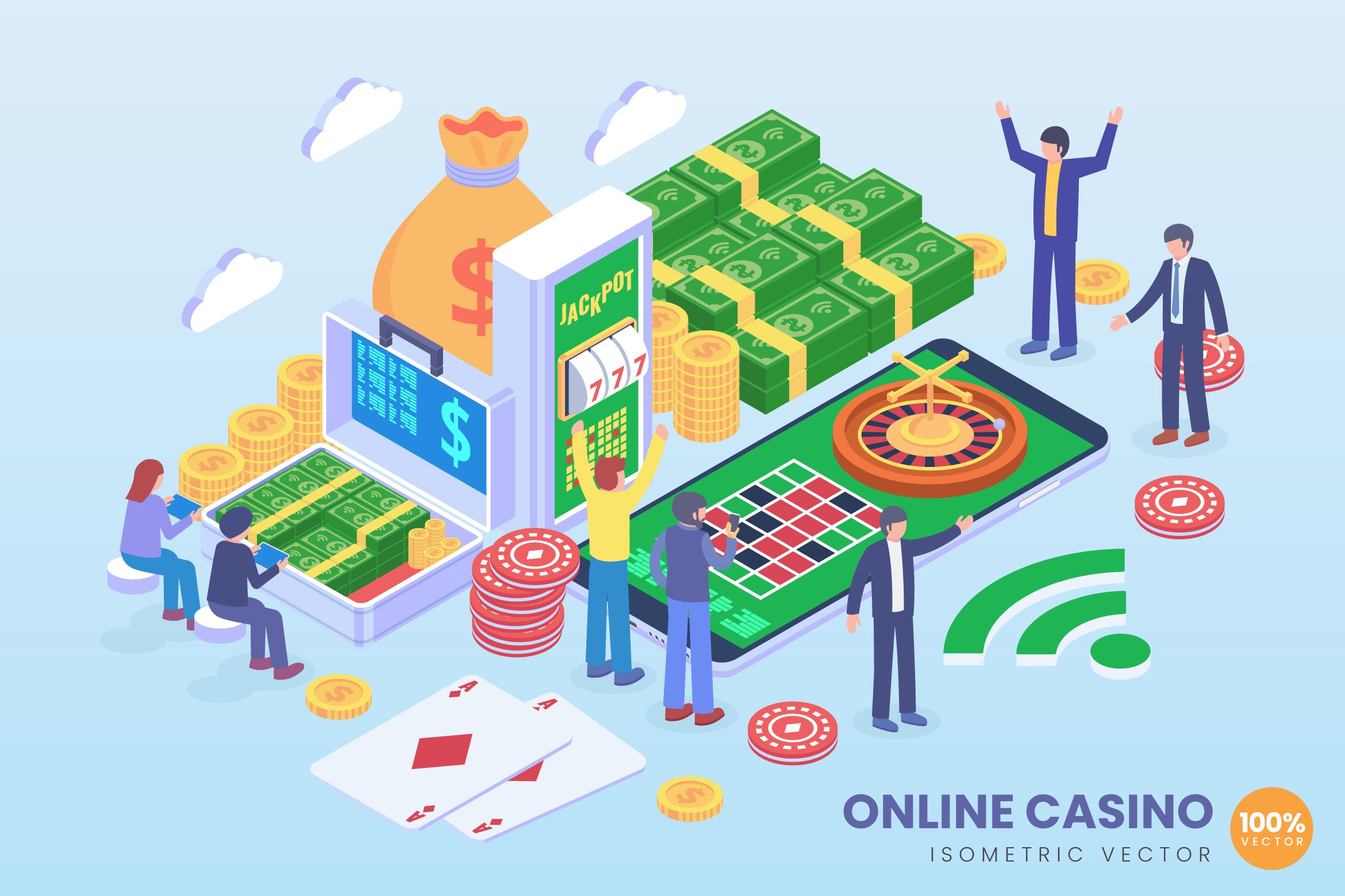 在线赌场博彩场景等距矢量概念插画素材 Isometric Online Casino Technology Vector Concept