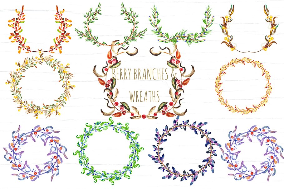 花环与花枝水彩剪贴画 Berry Wreaths and branches clipart